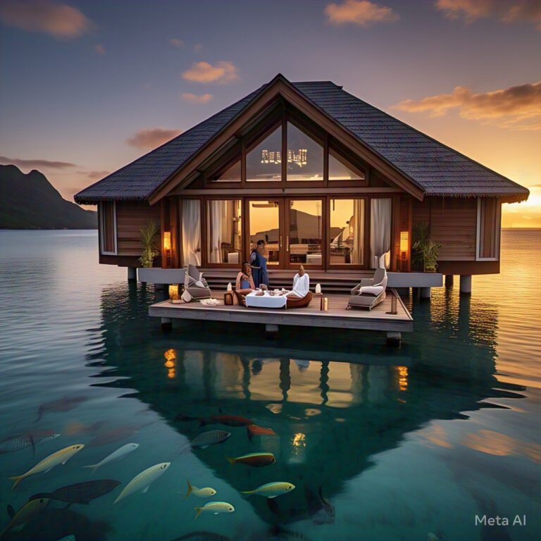 "Luxury overwater bungalow in St. Lucia with sunset views" "Couple relaxing on a private overwater deck in Jamaica" "Glass floor panel in Caribbean overwater villa showing fish below" "Romantic dinner setup on an overwater bungalow in Antigua"