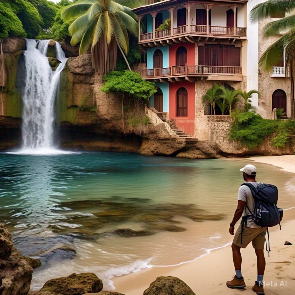 "Palm-fringed beach in Punta Cana Dominican Republic" "Colorful colonial buildings in Santo Domingo Zona Colonial" "Adventurer hiking to El Limón Waterfall in Samaná"