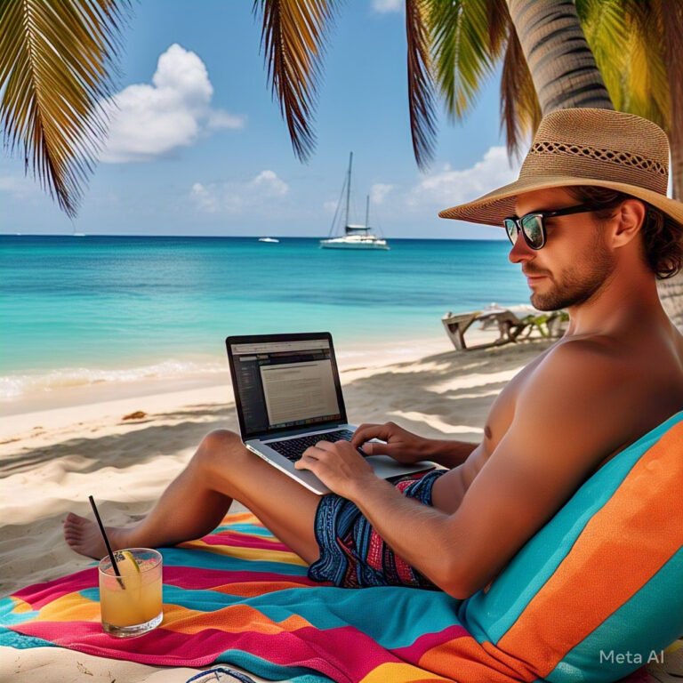 "Digital nomad working on Barbados beach" "Coworking space in Curaçao" "Laptop setup in Dominican Republic villa"