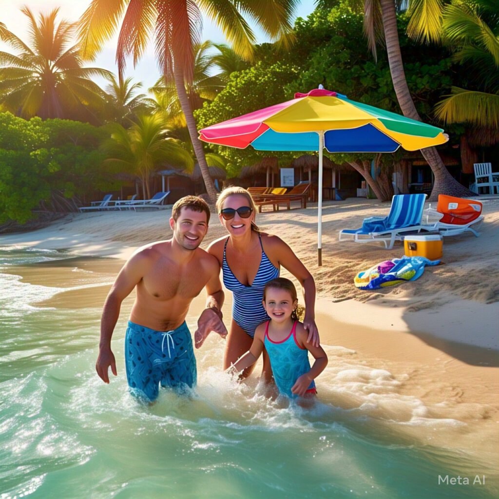 "Toddler playing in Turks & Caicos shallows" "Family at Atlantis waterpark Bahamas" "Kids club activities in Jamaica"