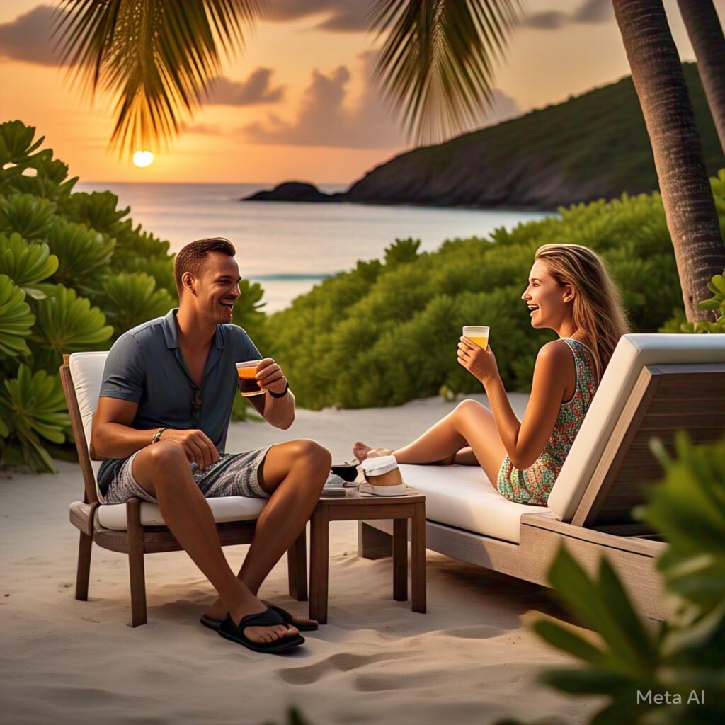 "Luxury beachfront resort in the Virgin Islands" "Couple enjoying a private dinner on the beach in St. Thomas" "Snorkeling in the crystal-clear waters of Buck Island, St. Croix" "Overwater bungalow at a luxury Virgin Islands resort"